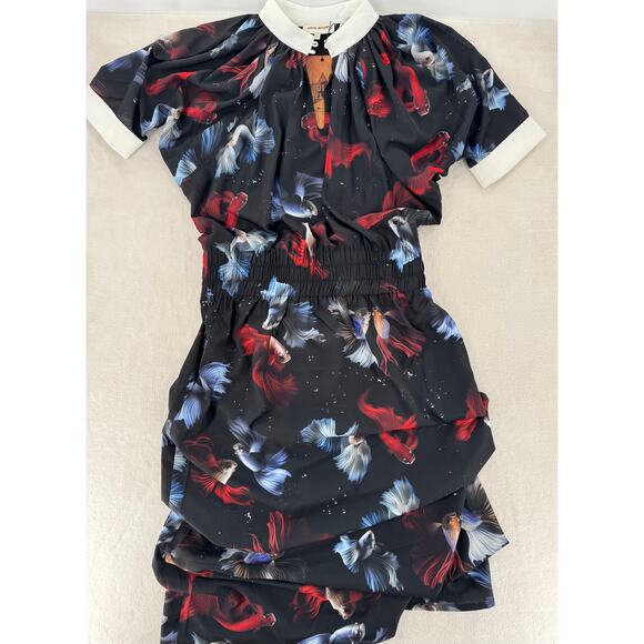 Julia Allert Black Maxi Long Dress Red Blue Fish White Collar Large NWT - Picture 9 of 13